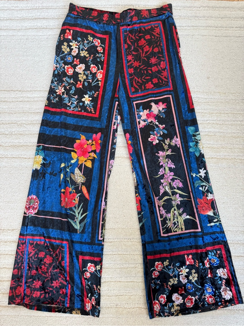 Floral Patchwork Wide-Leg Velvet Pants - Blue/Multicolor
